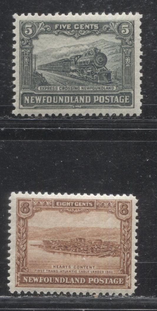 Lot 68 Newfoundland # 149, 151 5c - 8c Slate Green - Deep Orange Brown Express Crossing - Heart's Content, 1928-1929 Publicity Issue, Two VFOG Examples, Comb Perf. 13.6 x 12.7 and Line Perf. 14.2 x 14.1