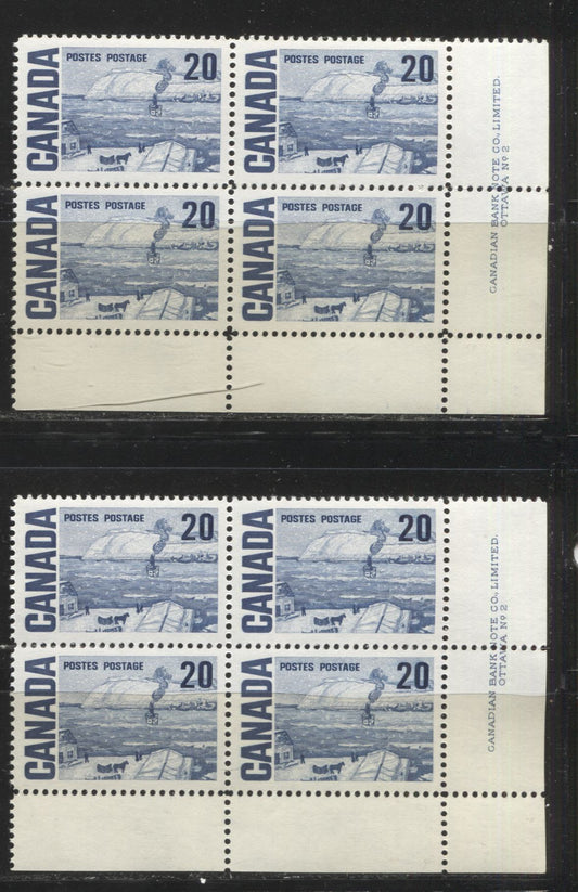 Lot 69 Canada #464i 20c Deep Bright Blue The Ferry, Quebec, 1967-1973 Centennial Definitive Issue, Two VFNH LR Plate 2 Blocks of 4 On NF Light Violet Horizontal & Vertical Wove Papers With Smooth & Streaky Dex Gum