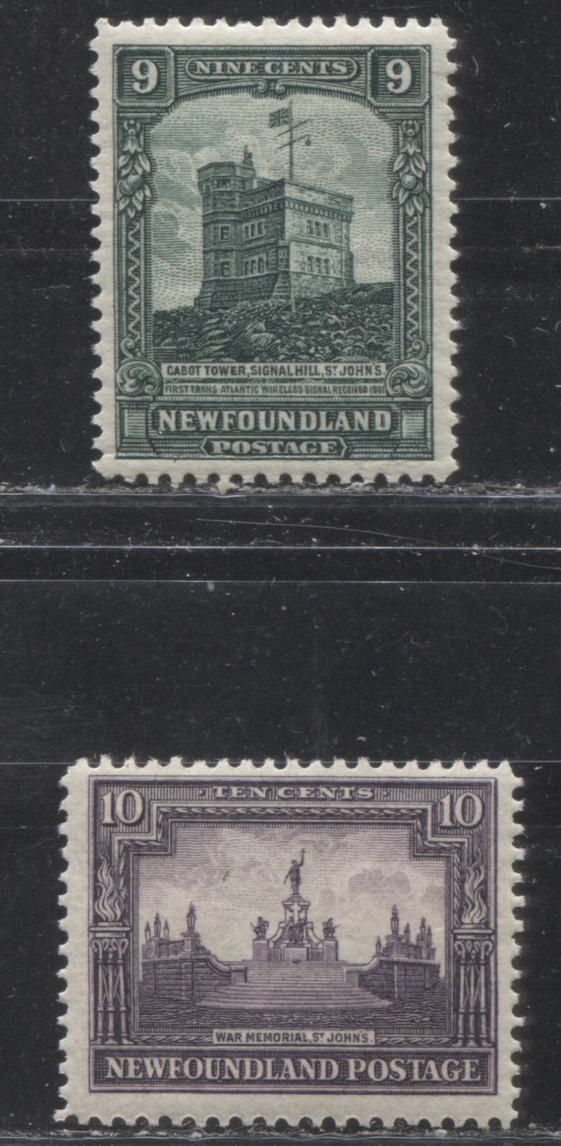 Lot 69 Newfoundland # 152-153 9c & 10c Deep Myrtle Green & Deep Violet Cabot Tower & War Memorial, 1928-1929 Publicity Issue, Two Fine NH Examples, Line Perf. 14 x 14.2 and 14