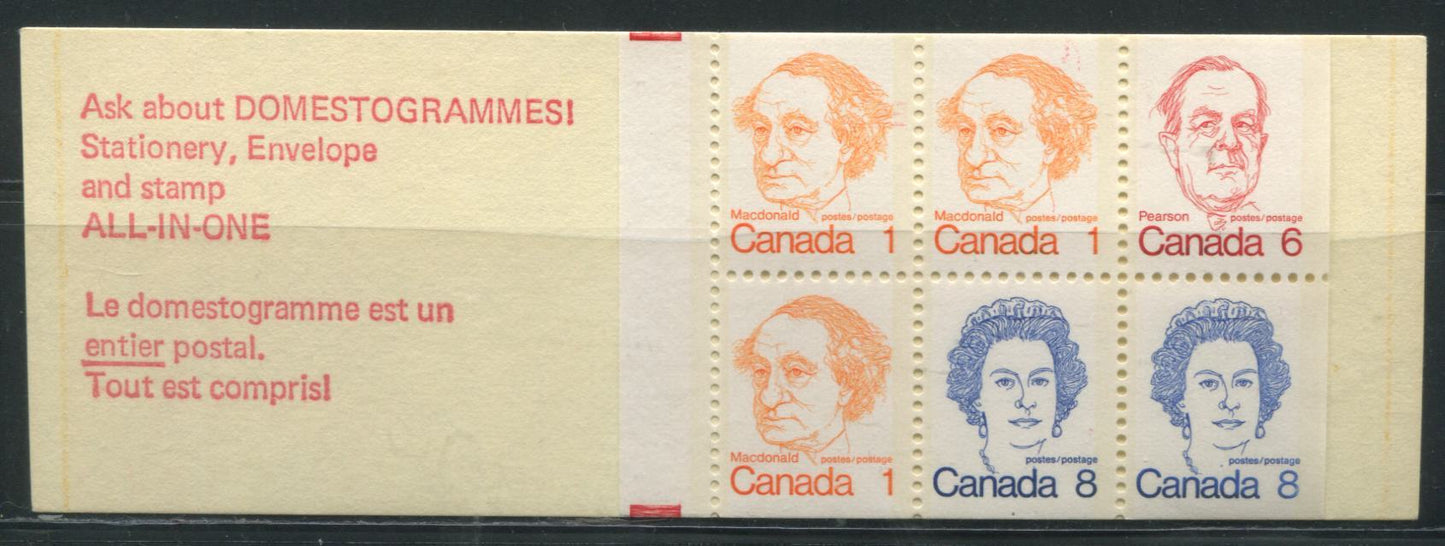 Lot 7 Canada  McCann #74gvar 1972-1978 Caricature Issue A complete 25c Booklet, NF CF-100 Canuck Cover, Clear Sealer, DF 70 mm Pane, Dot to Left of Postage on 8c Stamp 1/3