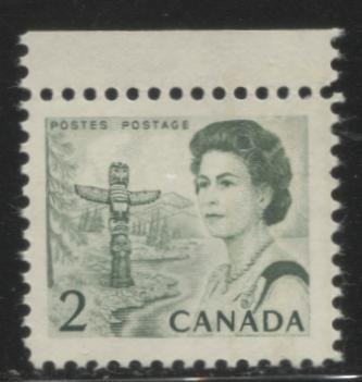 Lot #71 Canada #455pT2 2c Green Pacific Coast Totem Pole, 1967-1973 Centennial Issue, a VFNH Example, Showing W2aR Tagging Error, NF Violet Paper, Perf. 11.85 x 11.95, Smooth DEX Gum