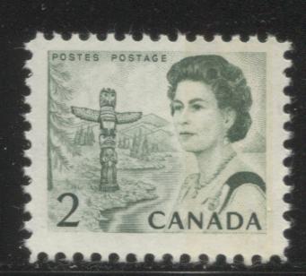 Lot #72 Canada #455pT2 2c Green Pacific Coast Totem Pole, 1967-1973 Centennial Issue, a Fine NH Example, Showing W2aR Tagging Error, NF Violet Paper, Perf. 11.85, Smooth DEX Gum