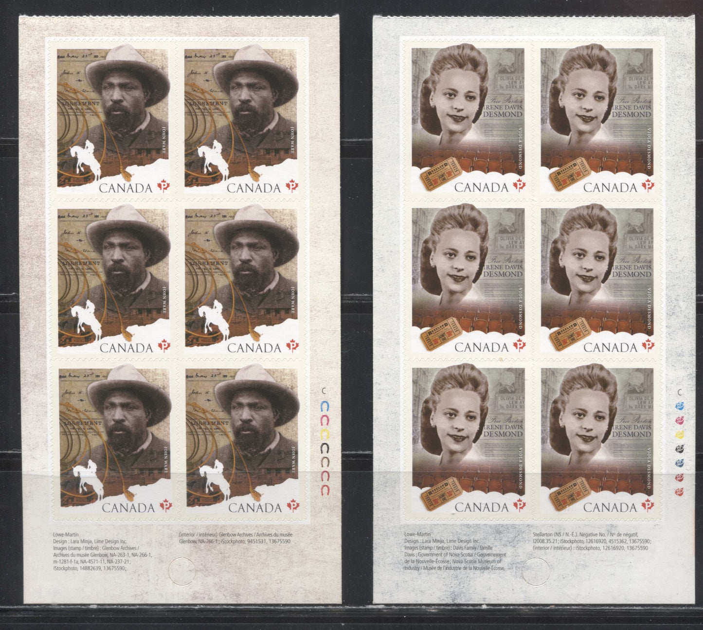 Lot 72 Canada #2520-2521 2012 Black History Month, A VFNH Booklet Panes of 6 on LF TRC Paper
