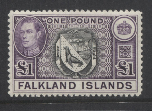 Lot 73 Falkland Islands SG#163 1938-1950 Bradbury Wilkinsion Pictorial Definitive Issue, a VFNH Example of the 1938 Printing of the One Pound, SG. Cat 130 GBP = $223.60