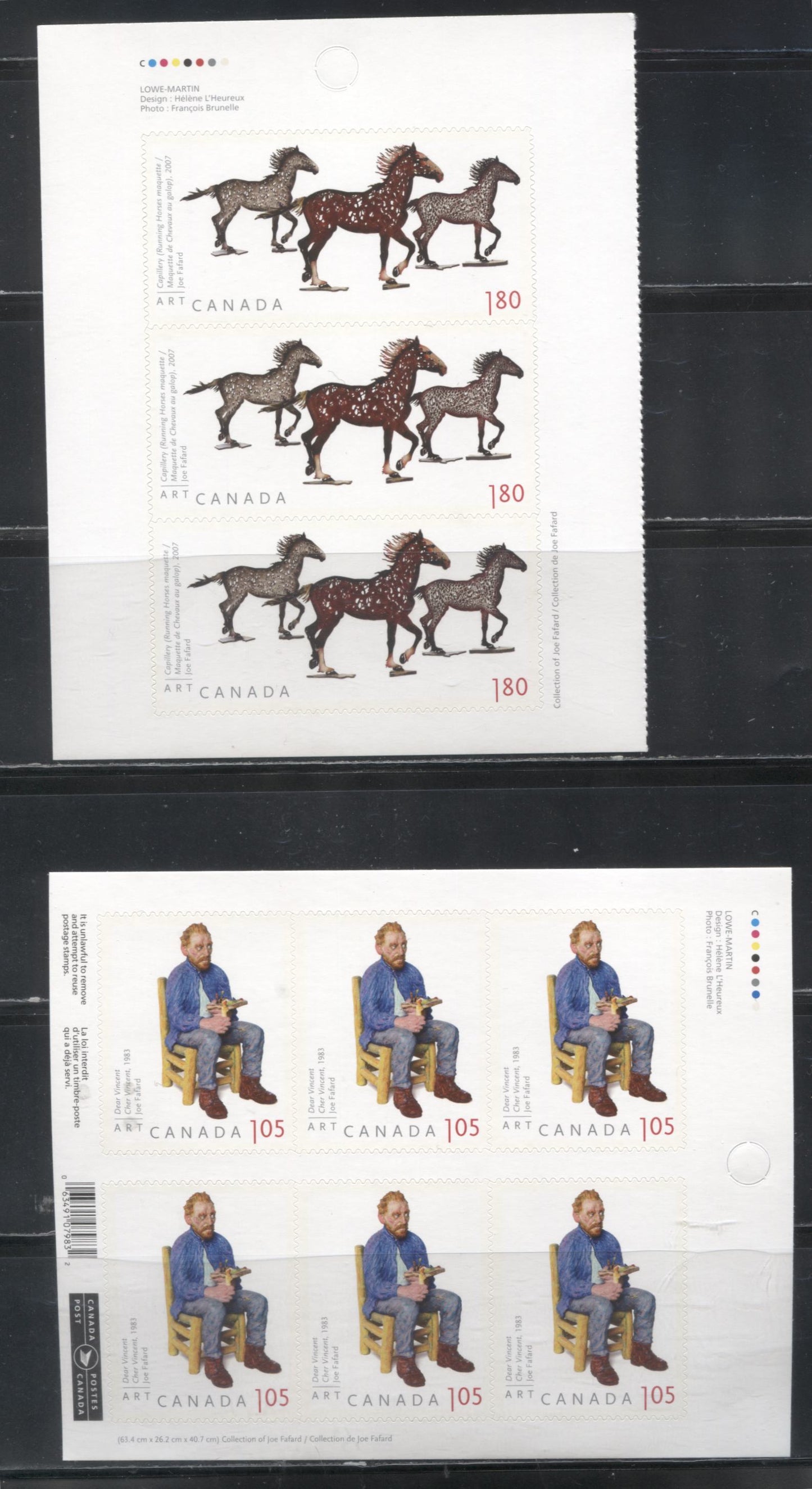 Lot 73 Canada #2524-2525 2012 Joe Fafard Issue, VFNH Booklet Panes of 6 and 3 on LF TRC Paper, Only 200,000 Booklets Issued