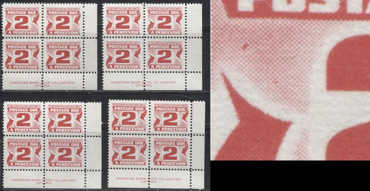 Lot 73 Canada #J29-i 2c Carmine Rose 1973-1977, 3rd Centennial Postage Due Issue, Four VFNH LR Inscription Blocks Of 4 On DF & LF Gray Smooth, Bluish Ribbed, Bluish White Ribbed & Bright White Ribbed Papers With PVA Gum, Perf 12, Plate Flaws