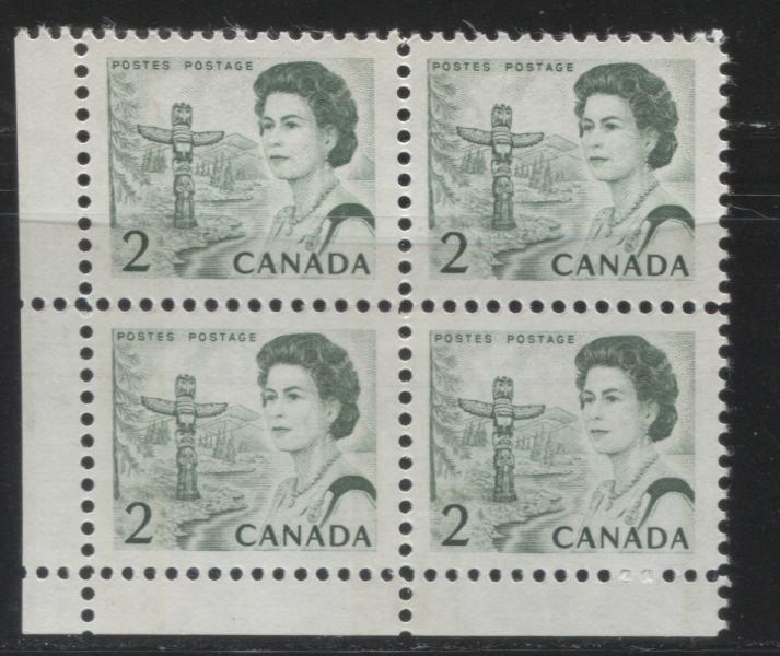 Lot #74 Canada #455pT3 2c Green Pacific Coast Totem Pole, 1967-1973 Centennial Issue, a VFNH Lower Left Corner Block, Showing 14 mm Narrow Spacing Between Tag Bars, NF Paper, Perf. 11.9