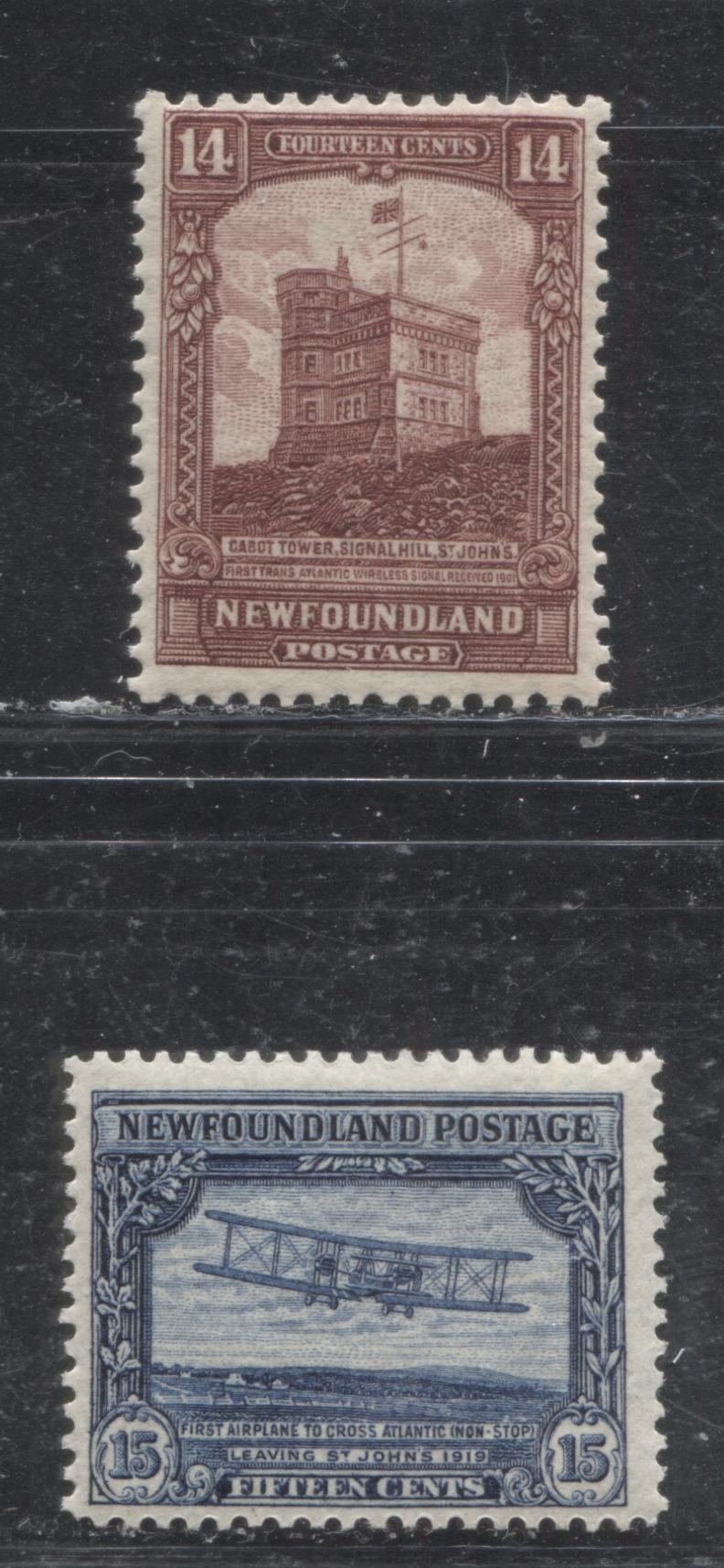 Lot 73 Newfoundland # 155-156 14c & 15c Maroon & Dark Blue Cabot Tower& Airplane Crossing Atlantic, 1928-1929 Publicity Issue, Two Fine NH Examples, Comb Perf. 12.9 x 13.7 and Line Perf. 14.1 x 13.8