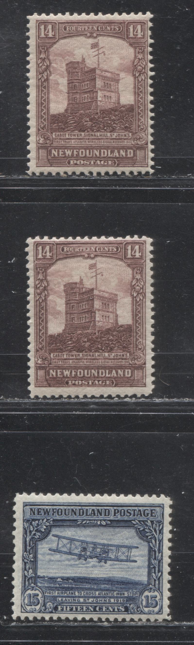 Lot 74 Newfoundland # 155-156 14c & 15c Maroon & Dark Blue Cabot Tower& Airplane Crossing Atlantic, 1928-1929 Publicity Issue, Three Fine OG Examples, Various Line Perfs