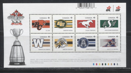 Lot 76 Canada #2558 2012 CFL Teams Issue, a Souvenir Sheet of 8 NF TRC Paper - Only 200,000 Issued.