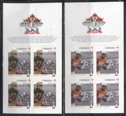 Lot 77 Canada #2568-2570 2012 100th Grey Cup Game Issue, VFNH Booklet Panes of 4 of the Grey Cup, BC Lions and Edmonton Eskinos on LF TRC Paper