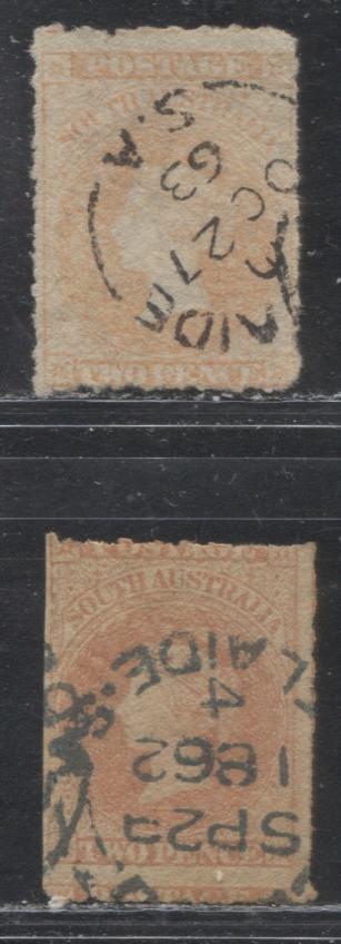 Lot 77 South Australia SG#24a, 25 2d Pale Red & Pale Vermillion Queen Victoria, 1860-1869 Rouletted Issue, Two Good/Very Good Used Singles