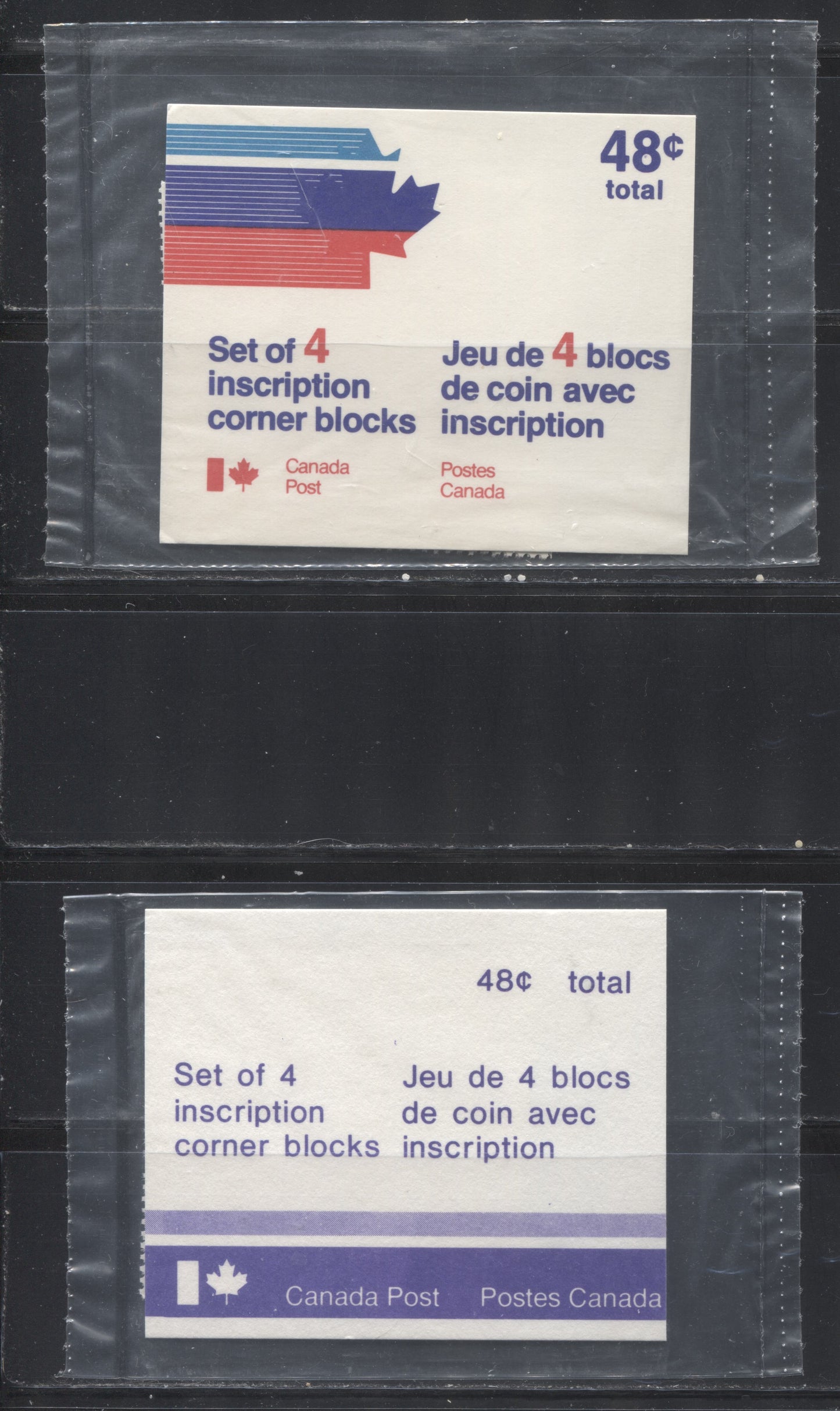 Lot 77 Canada #J30 3c Carmine Rose 1973-1977, 3rd Centennial Postage Due Issue, Two VFNH Sealed Packs Of 4 Inscription Blocks Of 4 On DF Grayish White Smooth Paper With PVA Gum, Perf 12, DF Type 1 CP & Type 3b MF Inserts, Plate Variety On Type 1