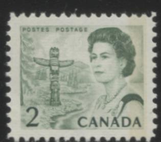 Lot #78 Canada #455pvT1 2c Bright Green Pacific Coast Totem Pole, 1967-1973 Centennial Issue, a VFNH Example, Showing G2aR Tagging Error, LF-fl Ribbed Paper, Perf. 11.85, Eggshell PVA Gum