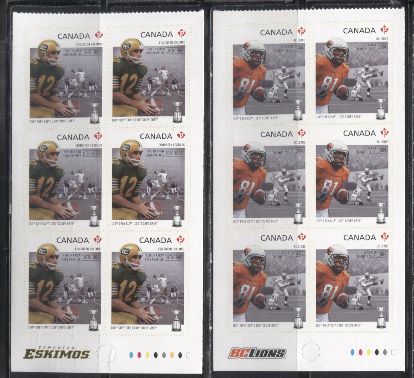 Lot 78 Canada #2568-2570 2012 100th Grey Cup Game Issue, VFNH Booklet Panes of 6 of the Grey Cup, BC Lions and Edmonton Eskinos on LF TRC Paper