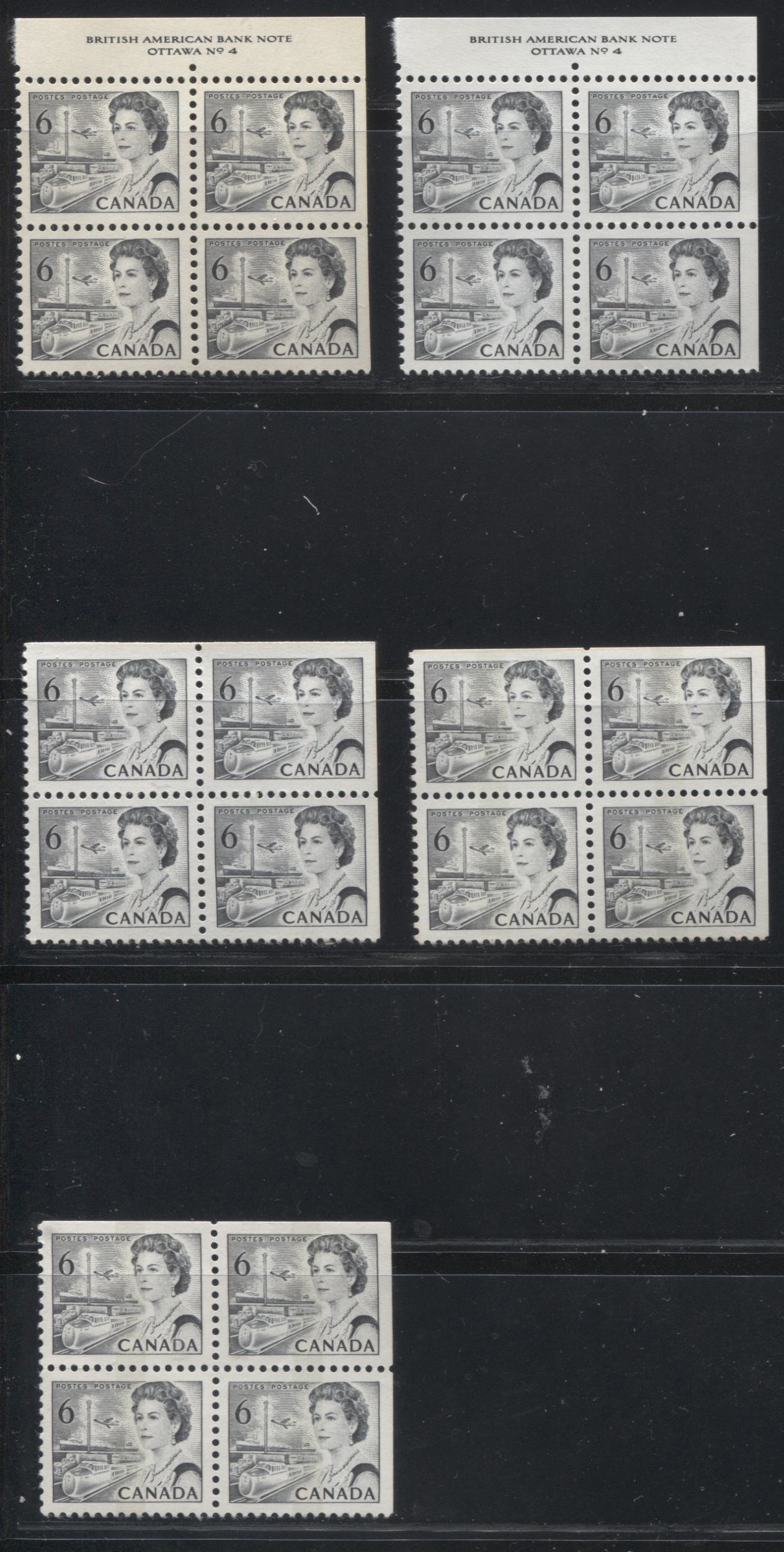 Lot 79 Canada #460c-cp 6c Black Queen Elizabeth II, 1967-1973 Centennial Issue, Five VFNH Tagged & Untagged UR Plate 4 Or Blank Blocks of 4 On Various DF Vertical Ribbed Papers With Dex Gum, Die 2