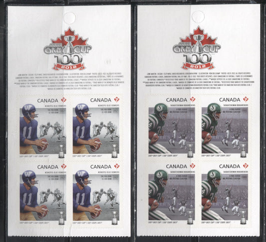Lot 79 Canada #2571-2573 2012 100th Grey Cup Game Issue, VFNH Booklet Panes of 4 of the Calgary Stampeders, Saskatchewan Roughriders and Winnipeg Blue Bombers on LF TRC Paper