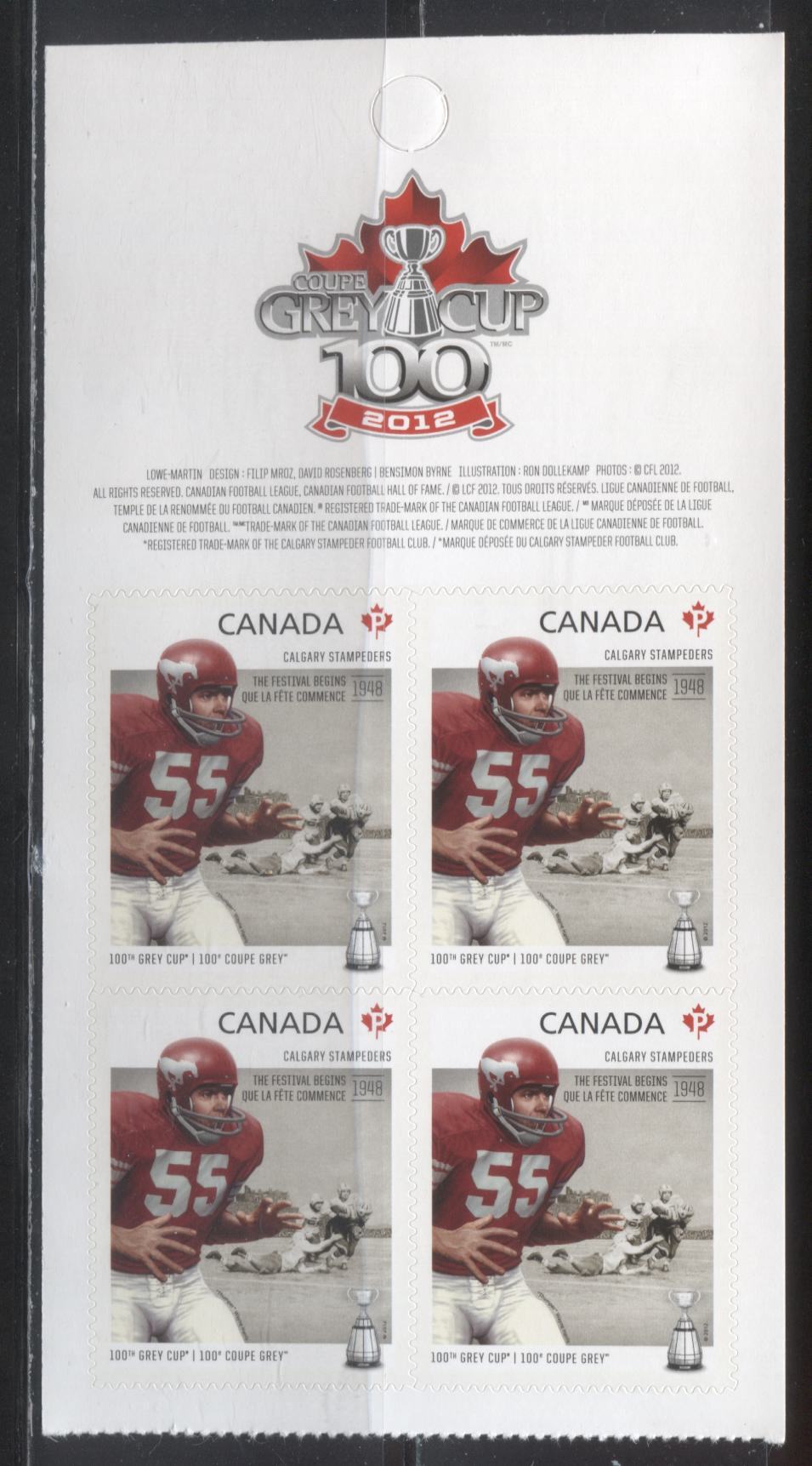 Lot 79 Canada #2571-2573 2012 100th Grey Cup Game Issue, VFNH Booklet Panes of 4 of the Calgary Stampeders, Saskatchewan Roughriders and Winnipeg Blue Bombers on LF TRC Paper