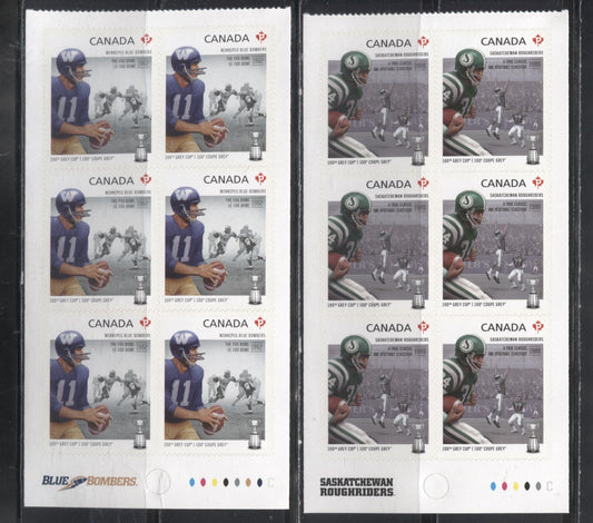 Lot 80 Canada #2571-2573 2012 100th Grey Cup Game Issue, VFNH Booklet Panes of 6 of the Calgary Stampeders, Saskatchewan Roughriders and Winnipeg Blue Bombers on LF TRC Paper