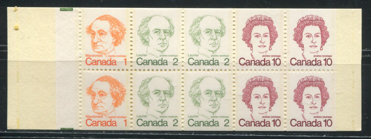 Lot 80 Canada McCann #BK76jvar 1972-1978 Caricature Issue, A Complete 50c Counter Booklet, HF CF-100 Canuck Cover, Clear Sealer, DF-fl 108-109 mm Pane, Extra Hairline Tag Bars