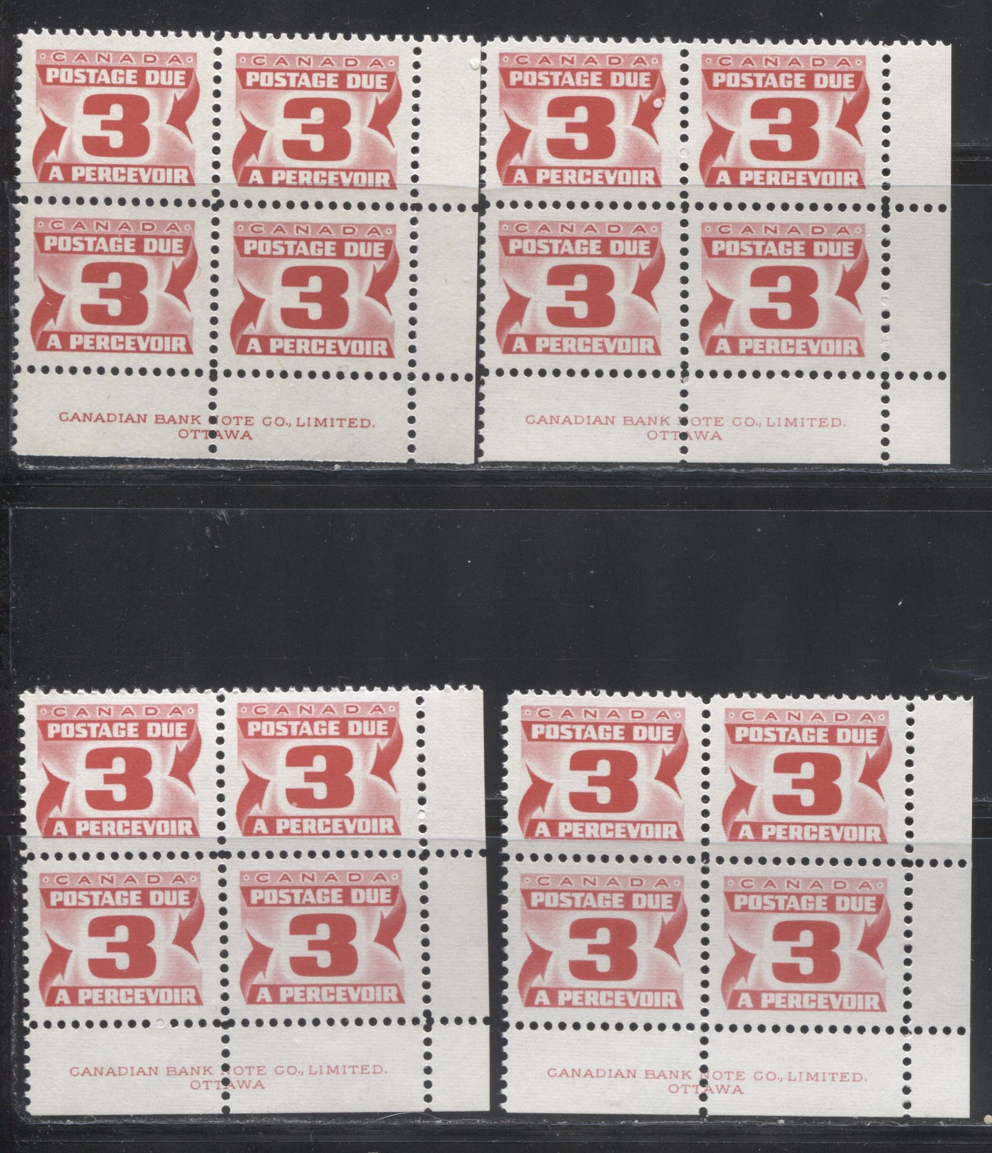 Lot 81 Canada #J30 3c Carmine Rose 1973-1977, 3rd Centennial Postage Due Issue, Four VFNH LR Inscription Blocks Of 4 On DF Ivory Smooth & Ribbed, Bluish Ribbed & Bluish White Ribbed Papers With PVA Gum, Perf 12