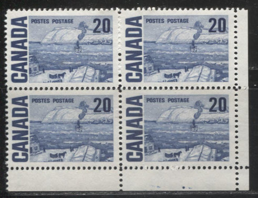 Lot 81 Canada #464iii 20c Deep Bright Blue The Ferry, Quebec, 1967-1973 Centennial Definitive Issue, A VFNH LR Field Stock Block of 4 On LF-fl Horizontal Wove Paper With Satin PVA Gum, Plate Position Dot