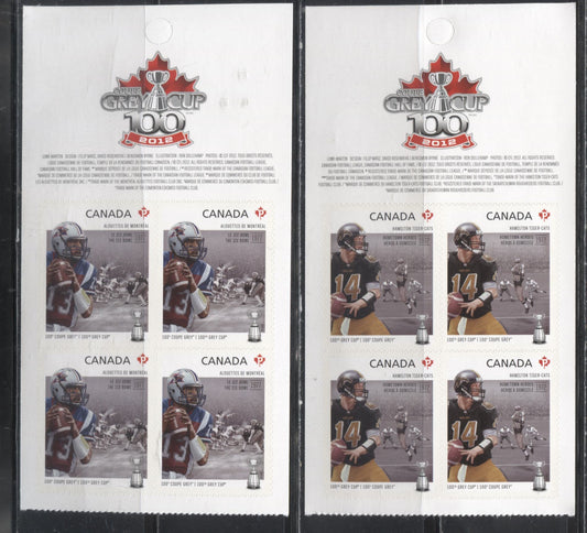 Lot 81 Canada #2574-2576 2012 100th Grey Cup Game Issue, VFNH Booklet Panes of 4 of the Hamilton Tiger Cats, Toronto Argonauts and Montreal Alouettes on LF TRC Paper