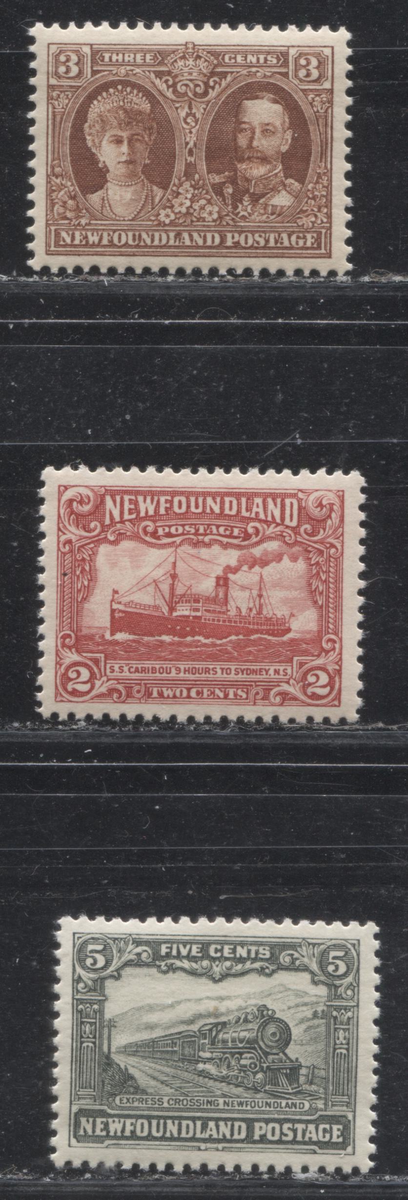Lot 81 Newfoundland # 164-165, 167 3c - 5c Red Brown - Slate Green King George V & Queen Mary - Express Crossing, 1929-1931 Re-Engraved Publicity Issue, Three VFNH Examples, Various Comb Perfs