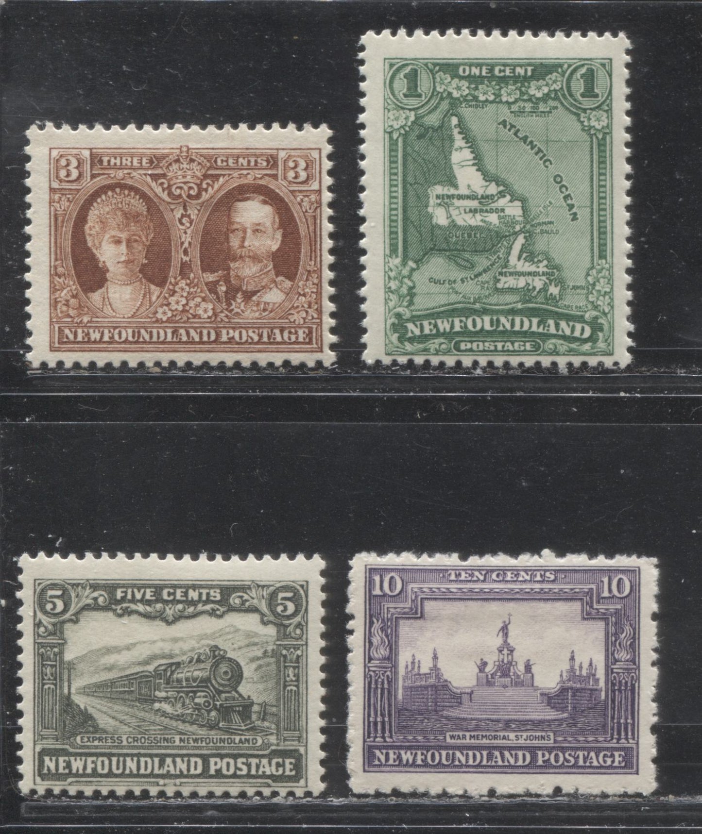 Lot 82 Newfoundland # 163/169 1c - 10c Green - Violet Map of Newfoundland - War Memorial, 1929-1931 Re-Engraved Publicity Issue, Four Fine OG Examples, Various Line and Comb Perfs