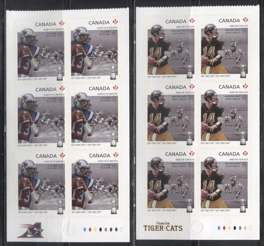 Lot 82 Canada #2574-2576 2012 100th Grey Cup Game Issue, VFNH Booklet Panes of 6 of the Hamilton Tiger Cats, Toronto Argonauts and Montreal Alouettes on LF TRC Paper