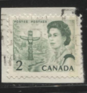 Lot #82 Canada #455pvT1 2c Bright Green Pacific Coast Totem Pole, 1967-1973 Centennial Issue, a VF Used Example on Piece, Showing G2aR Tagging Error, LF-fl Ribbed Paper