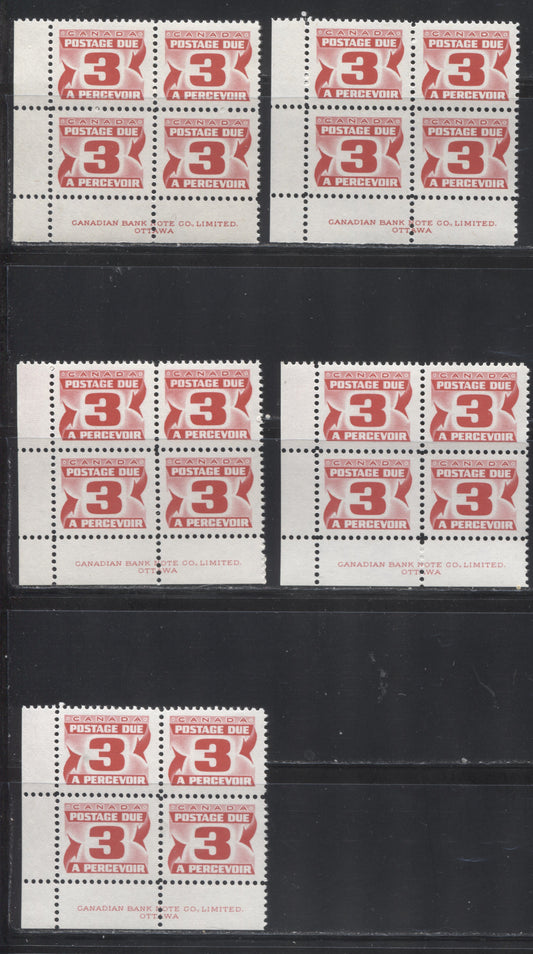 Lot 82 Canada #J30 3c Carmine Rose 1973-1977, 3rd Centennial Postage Due Issue, Five VFNH LL Inscription Blocks Of 4 On DF Ivory, Bluish & Bluish White Smooth And Ribbed Papers With PVA Gum, Perf 12