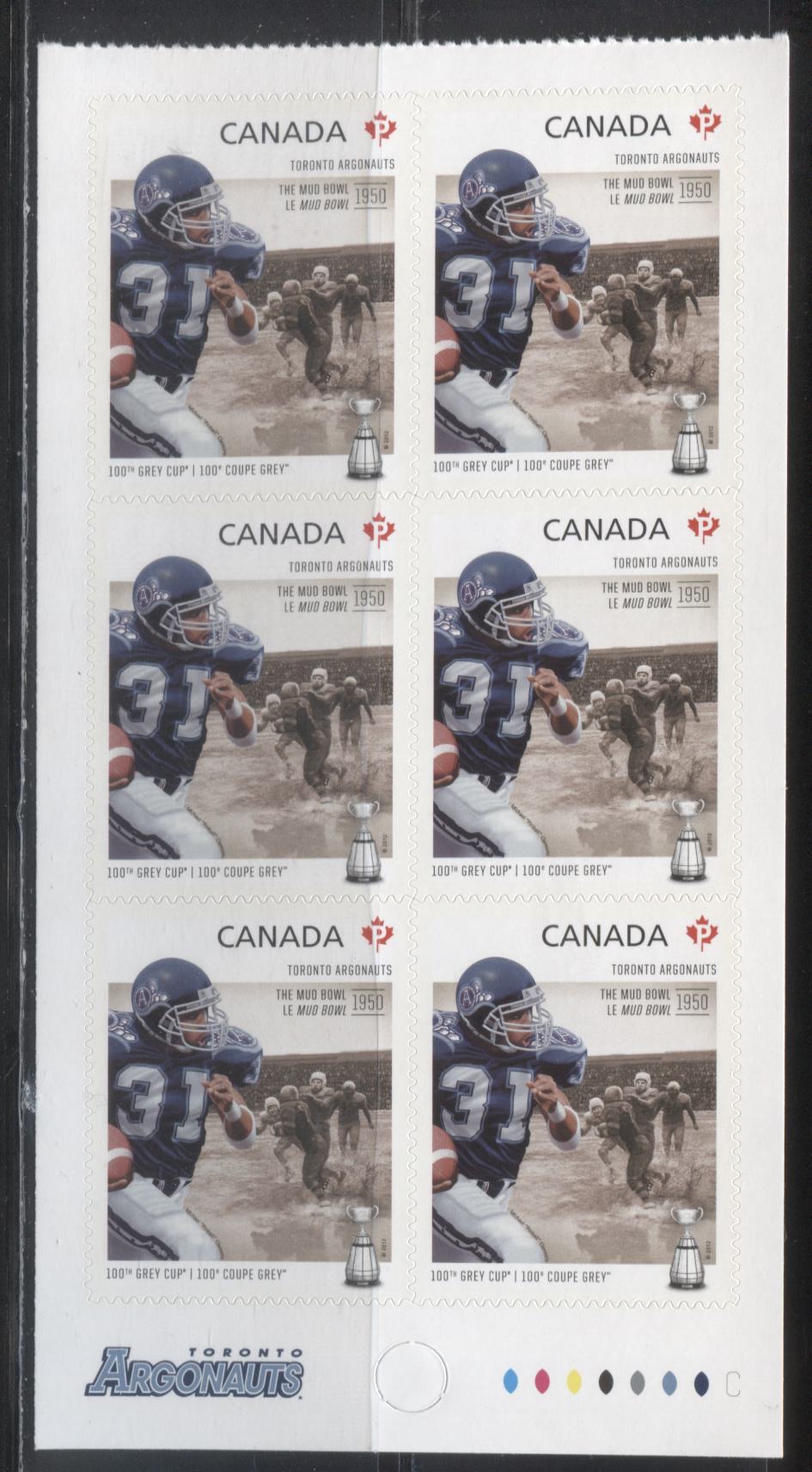 Lot 82 Canada #2574-2576 2012 100th Grey Cup Game Issue, VFNH Booklet Panes of 6 of the Hamilton Tiger Cats, Toronto Argonauts and Montreal Alouettes on LF TRC Paper