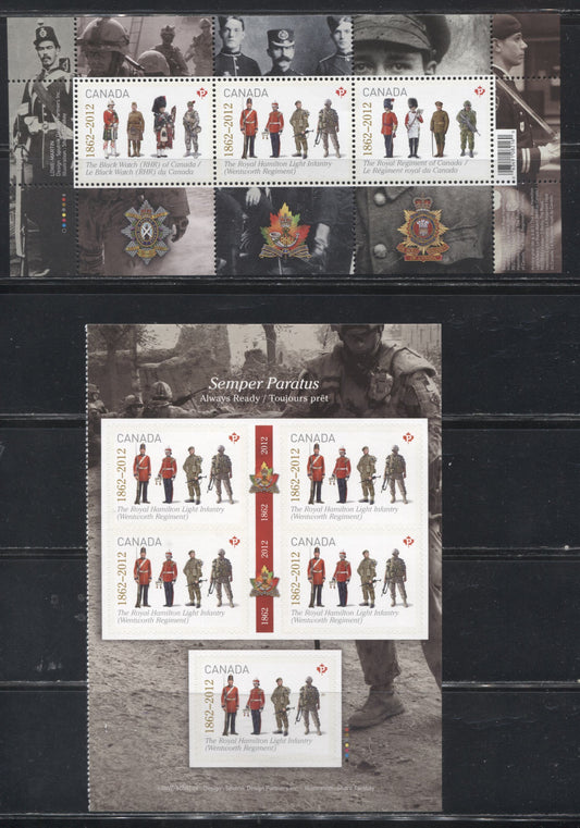 Lot 84 Canada #2577-2578 2012 Regiments Issue, A VFNH Souvenir Sheet and Booklet Pane of 5 on LF TRC Paper