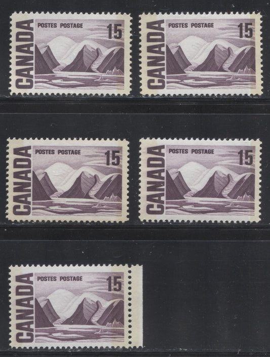 Lot 87 Canada #463piii 15c Deep & Bright Reddish Lilac Greenland Mountains, 1967-1973 Centennial Definitive Issue, Five VFNH W2B Tagged Singles On LF-fl Vertical Wove Papers, Dark Violet Ink Under UV With Eggshell & Satin PVA Gums, Tag Spacing