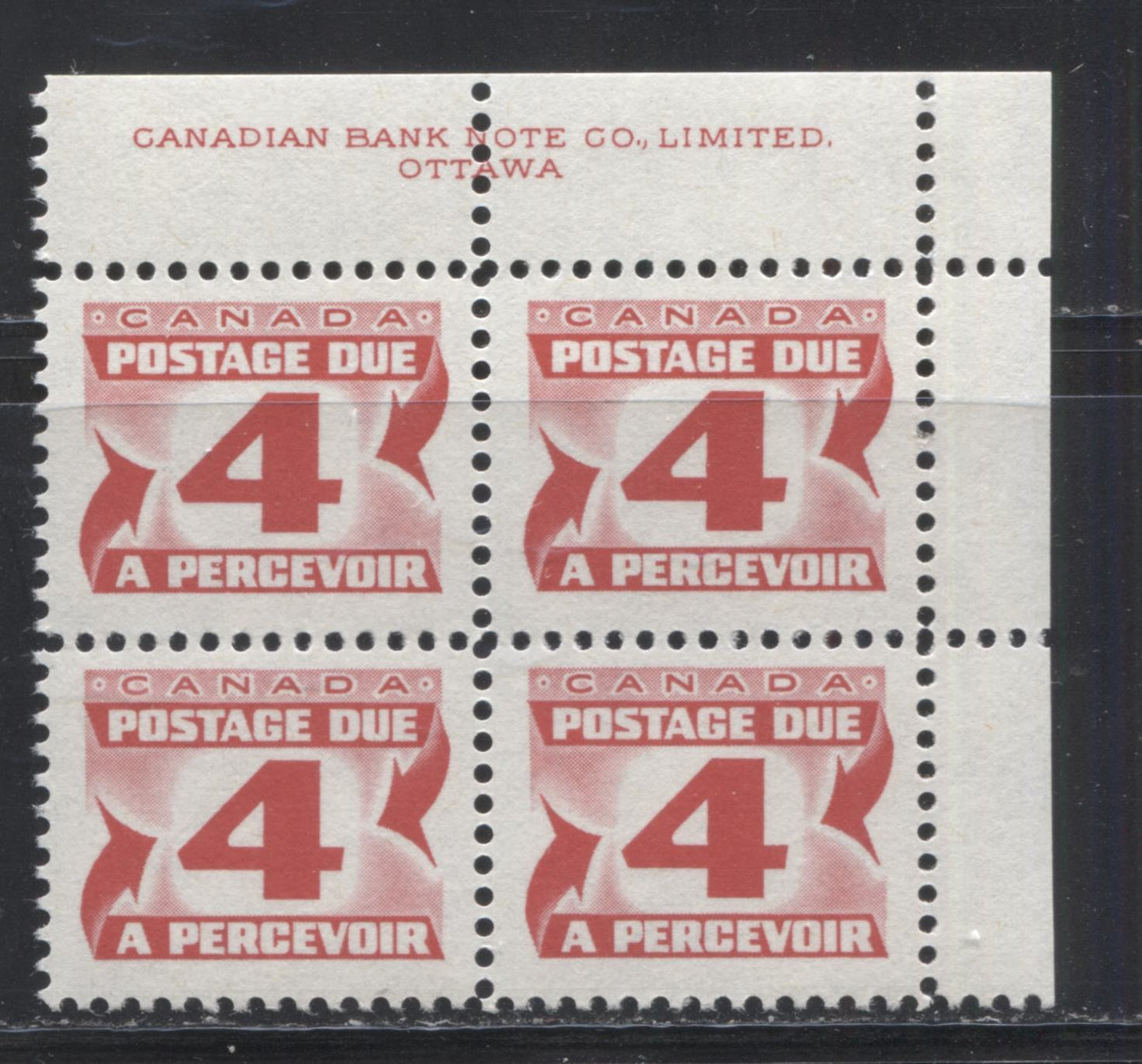 Lot 87 Canada #J31i 4c Carmine Rose 1973-1977, 3rd Centennial Postage Due Issue, A VFNH UR Inscription Block Of 4 On DF Grayish White Paper With PVA Gum, Perf 12