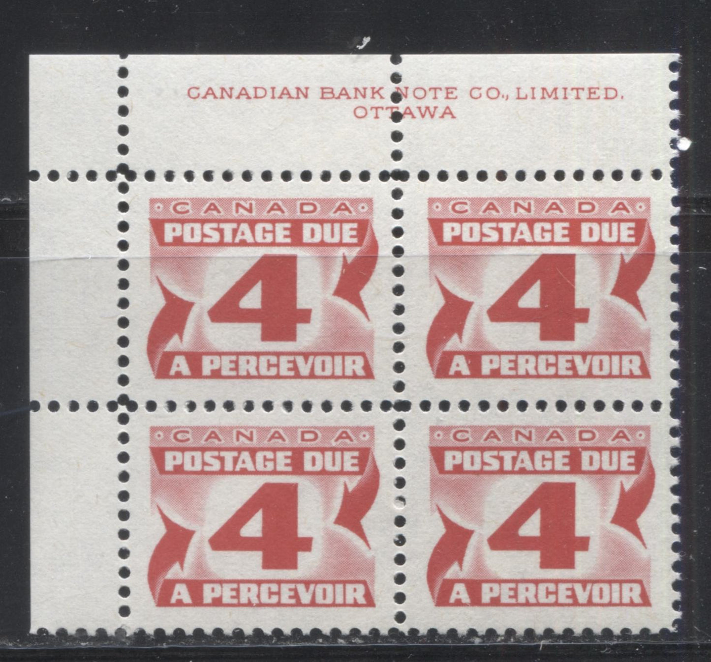 Lot 88 Canada #J31i 4c Carmine Rose 1973-1977, 3rd Centennial Postage Due Issue, A VFNH UL Inscription Block Of 4 On DF Grayish White Paper With PVA Gum, Perf 12