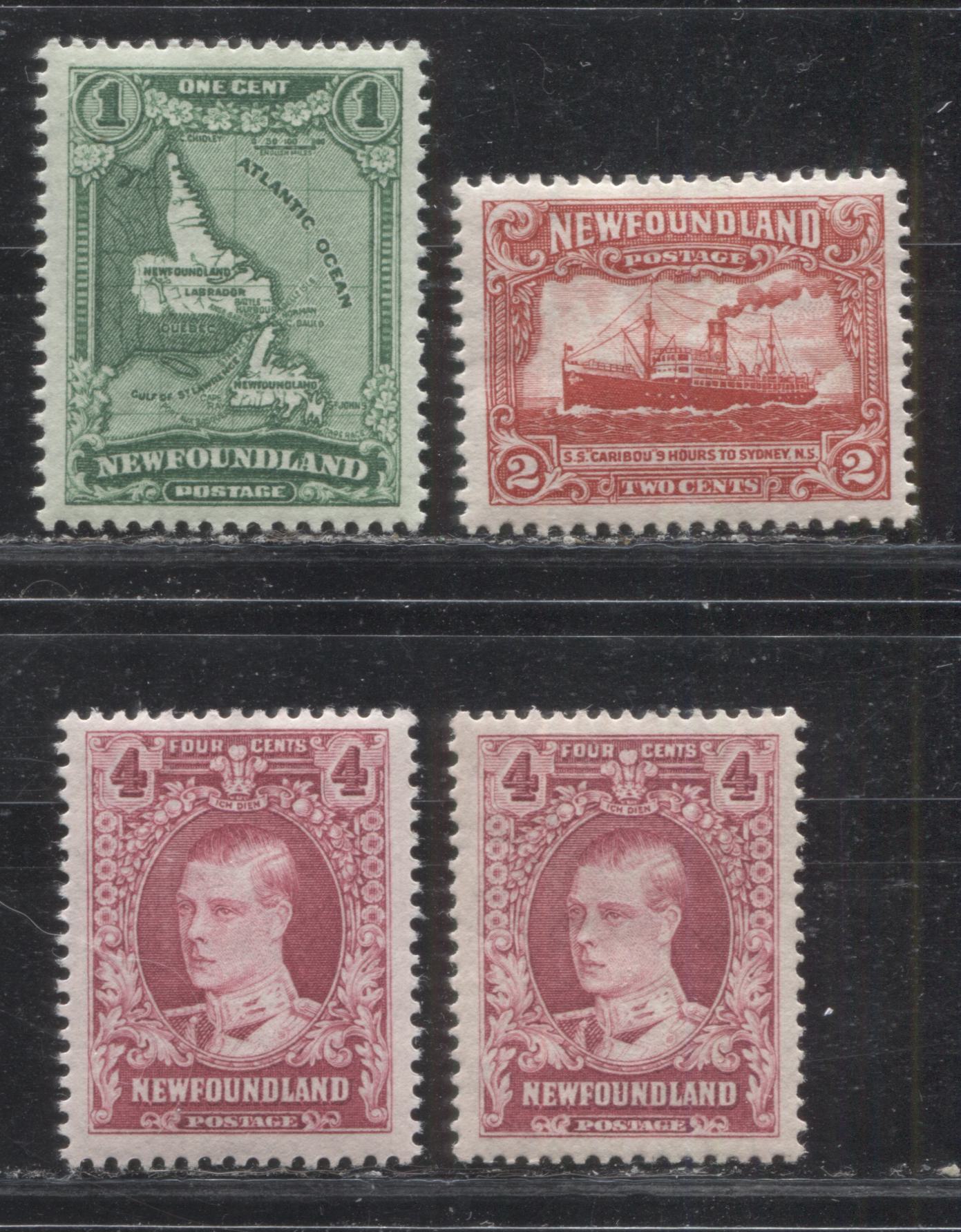 Lot 88 Newfoundland # 172/174 1c - 4c Green - Lilac Rose Map of Newfoundland - Prince of Wales, 1931-1932 Watermarked Publicity Issue, Four VFOG Examples, Various Comb Perfs