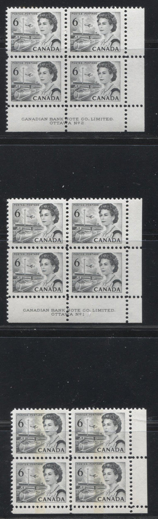 Lot 89 Canada #460f-fp 6c Black Queen Elizabeth II, 1967-1973 Centennial Issue, Three VFNH Untagged Or WCB Tagged LR Plate 1-2 Or Blank Blocks of 4 On LF Ribbed Paper With PVA Gum, Die 1a, Perf 12