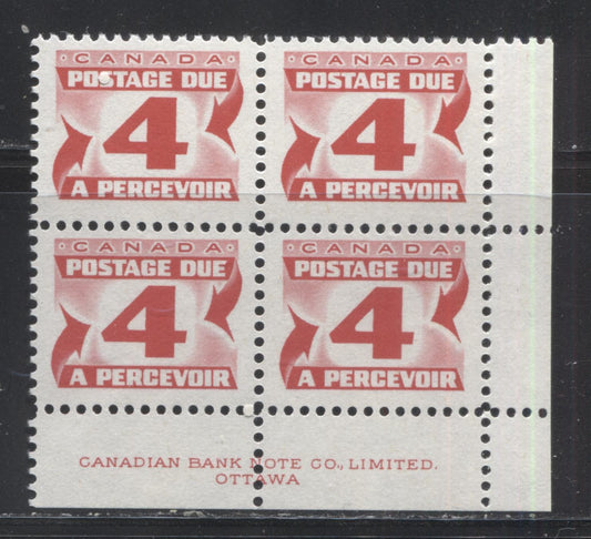 Lot 89 Canada #J31i 4c Carmine Rose 1973-1977, 3rd Centennial Postage Due Issue, A FNH LR Inscription Block Of 4 On DF Grayish White Paper With PVA Gum, Perf 12