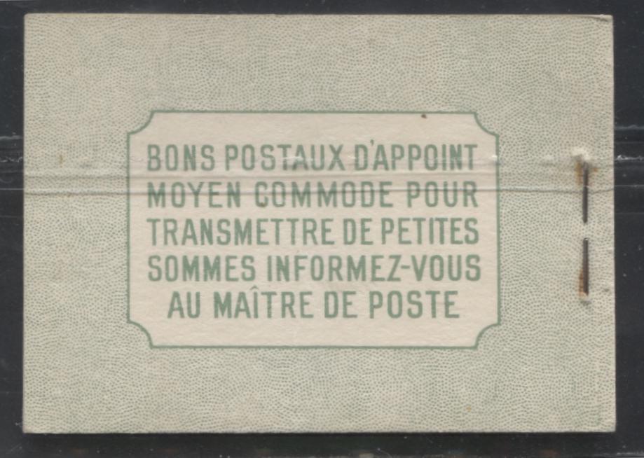 Lot 89 Canada #BK32d 1942-1949 War Issue, Complete French Booklet, 4 Panes of 1c Green, Smooth Vertical Wove Paper, Harris Front Cover Type IIj, Back Cover Type Di, 7c & 6c Airmail Rates Page, Cutting Guideline on Cover