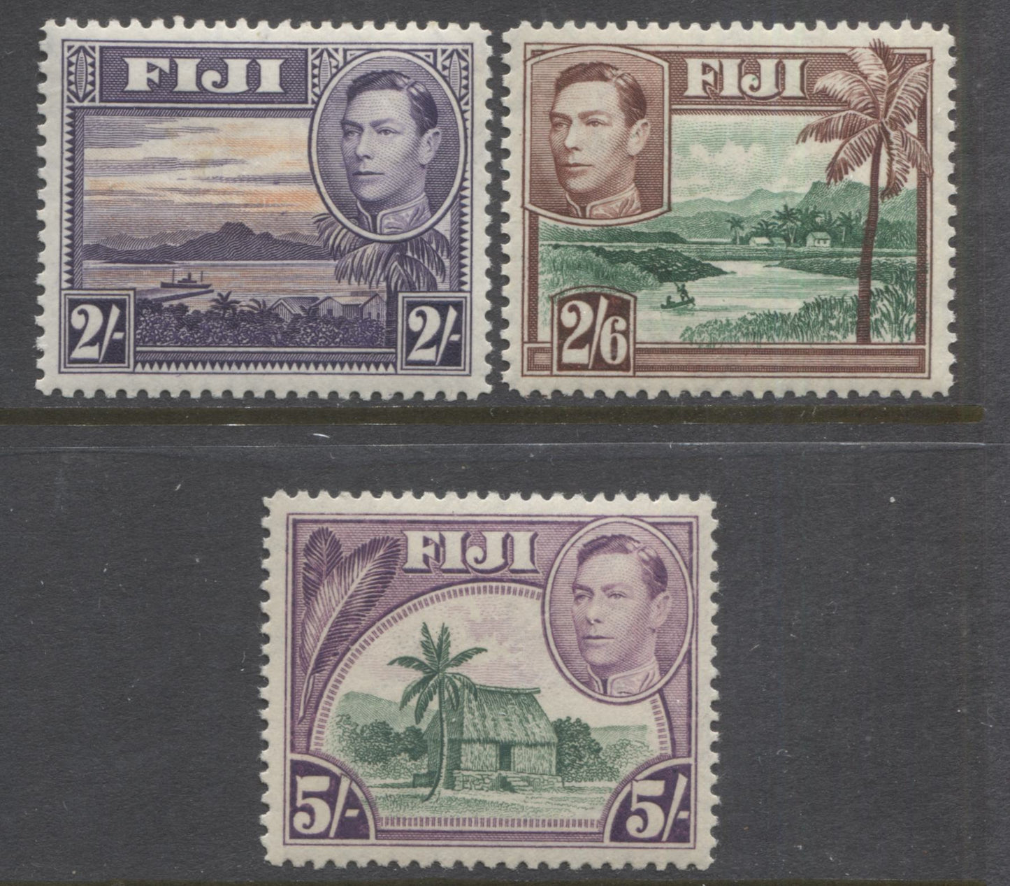 Lot 90 Fiji SG#264-266 1938-1952 Pictorial Definitive Issue, a VFNH Partial Set From 2/- to 5/-, Wartime Printings, SG. Cat 16.25 GBP = $27.95