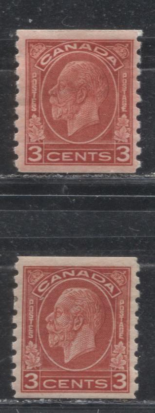 Lot 90 Canada #207 3c Rose Scarlet & Deep Scarlet King George V, 1932-1935  Medallion Issue, VFOG Examples, Cream Gum With a Semi-Gloss Sheen & No Horizontal Striations