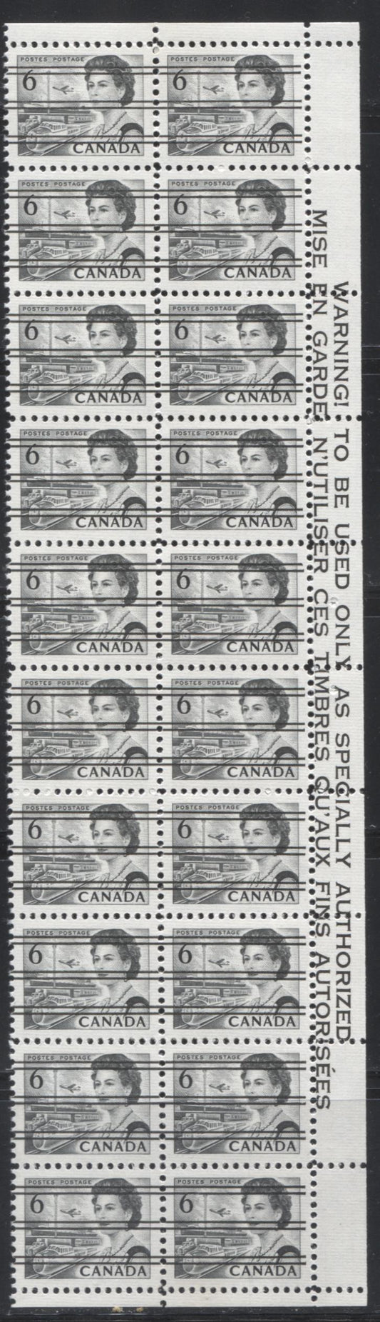 Lot 90 Canada #460fxxi 6c Black Queen Elizabeth II, 1967-1973 Centennial Issue, A VFNH Right Precancelled Warning Strip Of 20 On LF Ribbed Paper With PVA Gum, Perf 12, Die 1a