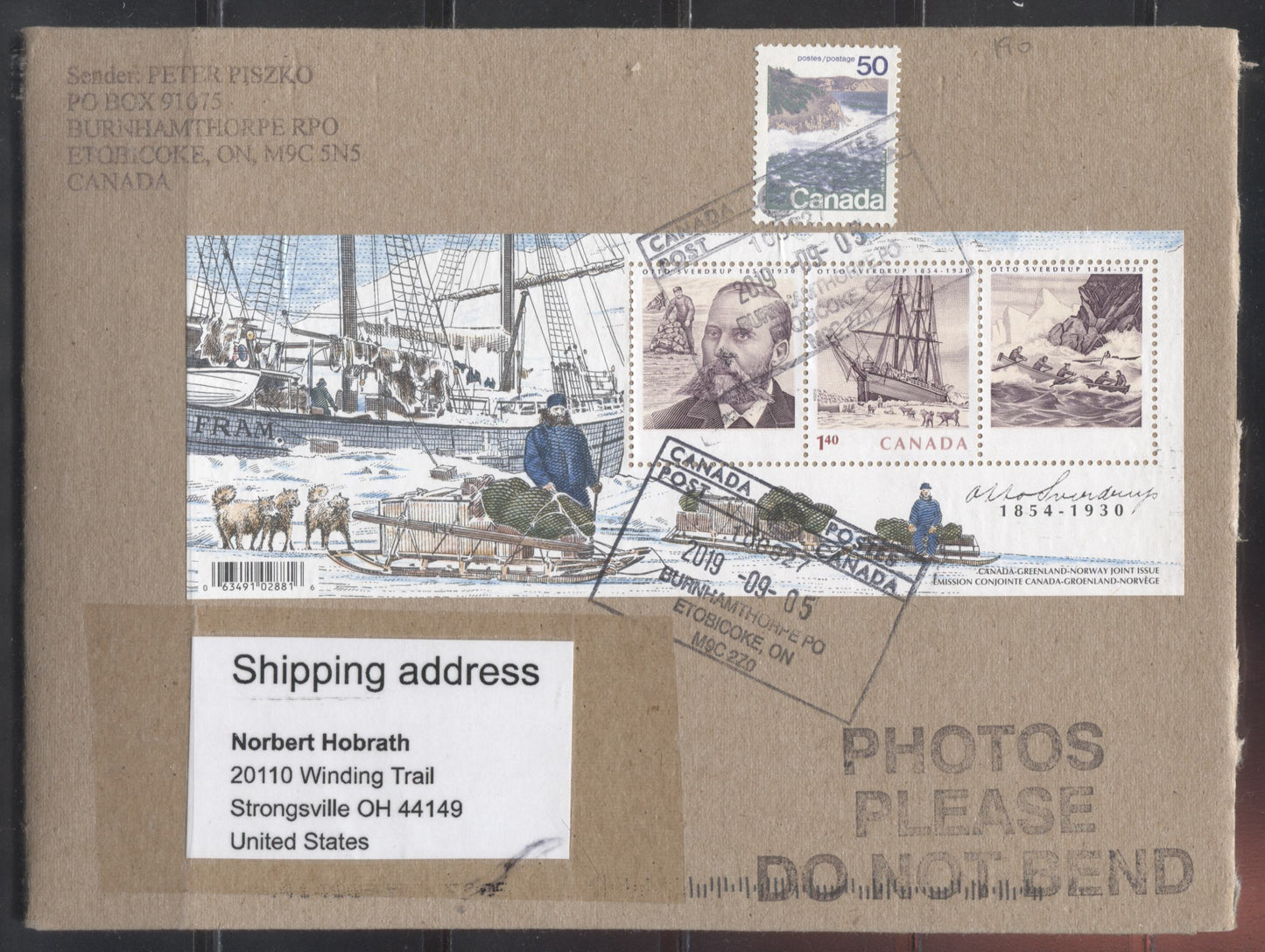 Lot 9 Canada #2027, 598v 2004 Otto Sverdrup Issue, a Single Use of the Souvenir Sheet on a 2019 Oversize Cover to the US