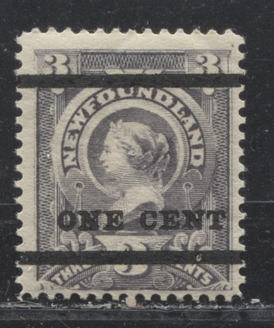 Lot 91 Newfoundland #75 1c on 3c Gray Lilac Queen Victoria, 1897 Surcharge Issue, A Fine OG Single, Type A Surcharge With A Gum Bend
