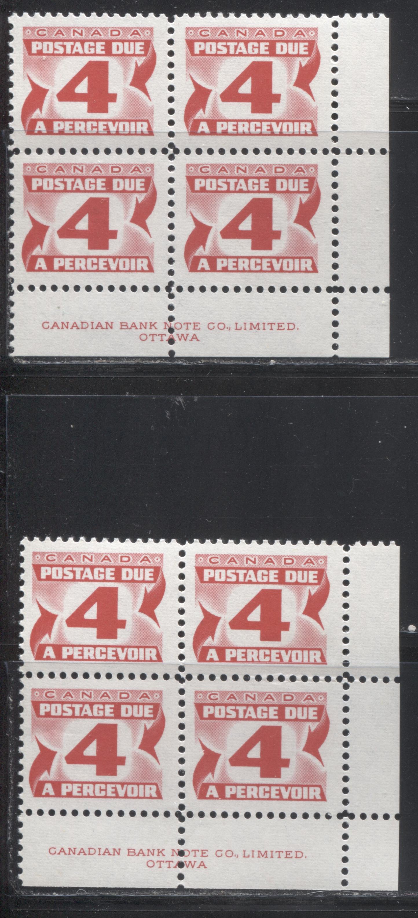 Lot 91 Canada #J31ii 4c Carmine Rose 1973-1977, 3rd Centennial Postage Due Issue, Two VFNH LR Inscription Blocks Of 4 On DF Bluish & Bluish White Ribbed Papers With PVA Gum, Perf 12