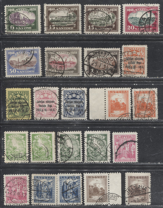 Lot 91 Latvia #158/179 1928-1934 Independence Issue, Riga Exhibtion Issue & Pictorial Issue, A F-VF Used Selection Consisting of 3 Sets Plus Perforation or Shade Variations