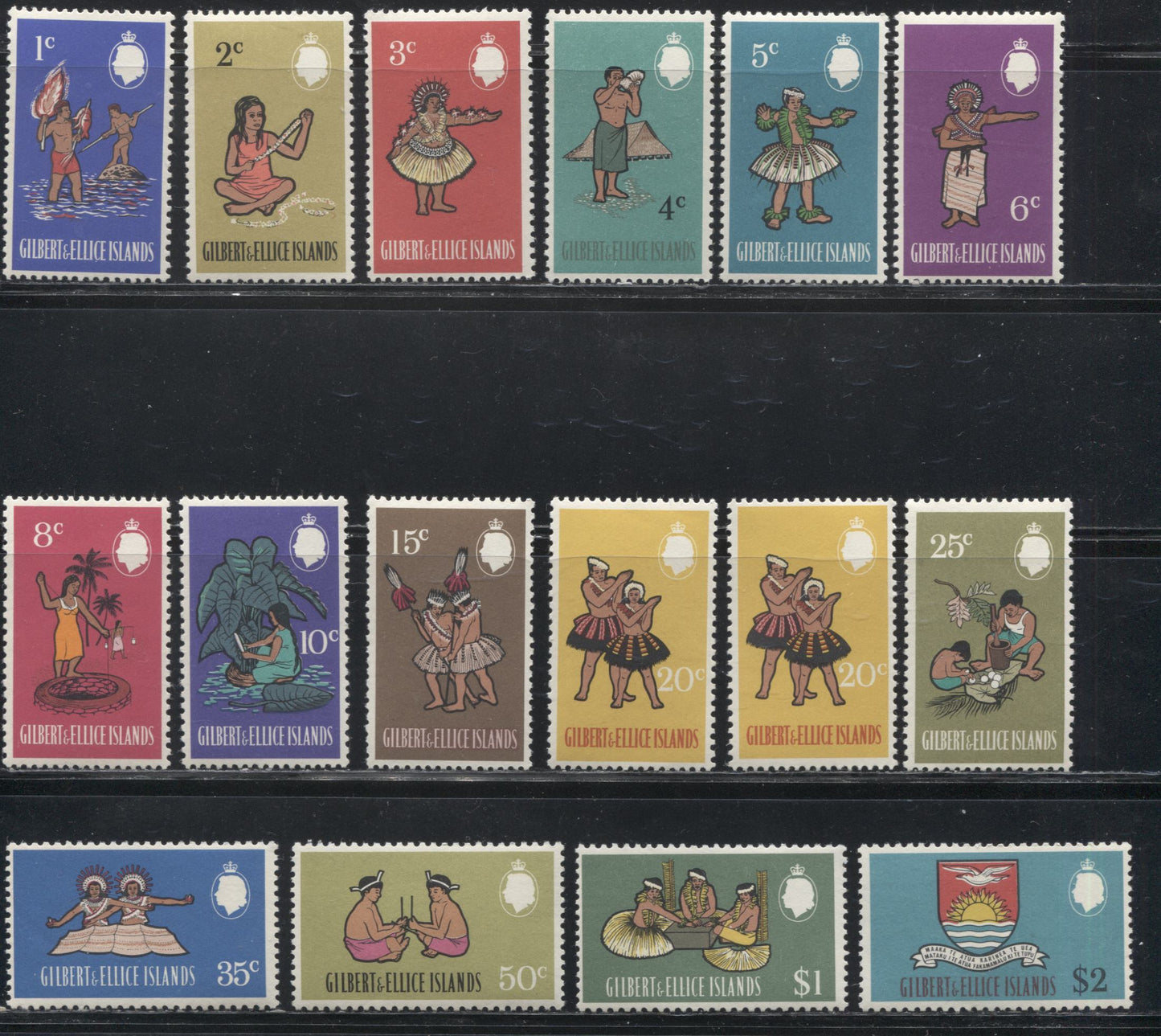 Lot 92 Gilbert & Ellice Islands SG #89-103, 110-124, 135-149 1965-1968 Pictorial Definitive Issue Mostly VFNH Complete Sets of the Pre-Decimal, Surcharged and Decimal Currency Issues