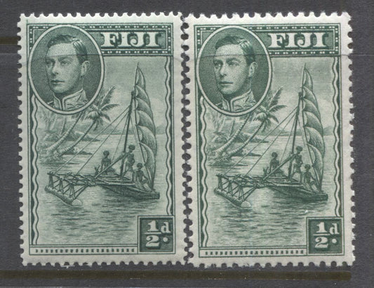 Lot 92 Fiji SG#249a, 249b 1938-1952 Pictorial Definitive Issue, VFNH Examples of the Perf. 14 and Perf. 12 1/2d Deep Green, SG. Cat 22.50 GBP = $38.70